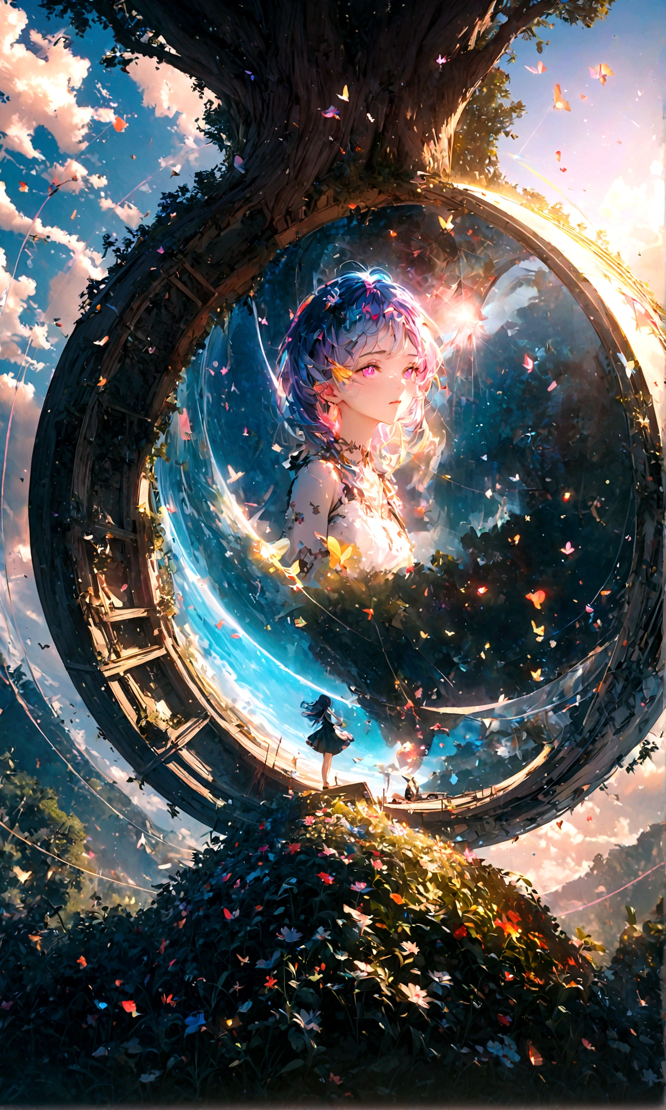 (woman\(student, 15 years old, JK, Long hair, Colorful eyes, Pale skin，) look up to the sky), (Many butterflies flying in the air), Beautiful sky, Summer，Colorful flowers blooming everywhere, Mysterious and dreamy ,Huge tree，quality\(8K,CG Wallpaper, masterpiece,High resolution,top-quality,Surrealism,Improve resolution,RAW photos,Best quality,Very detailed,light,Ray Tracing,Golden Ratio)