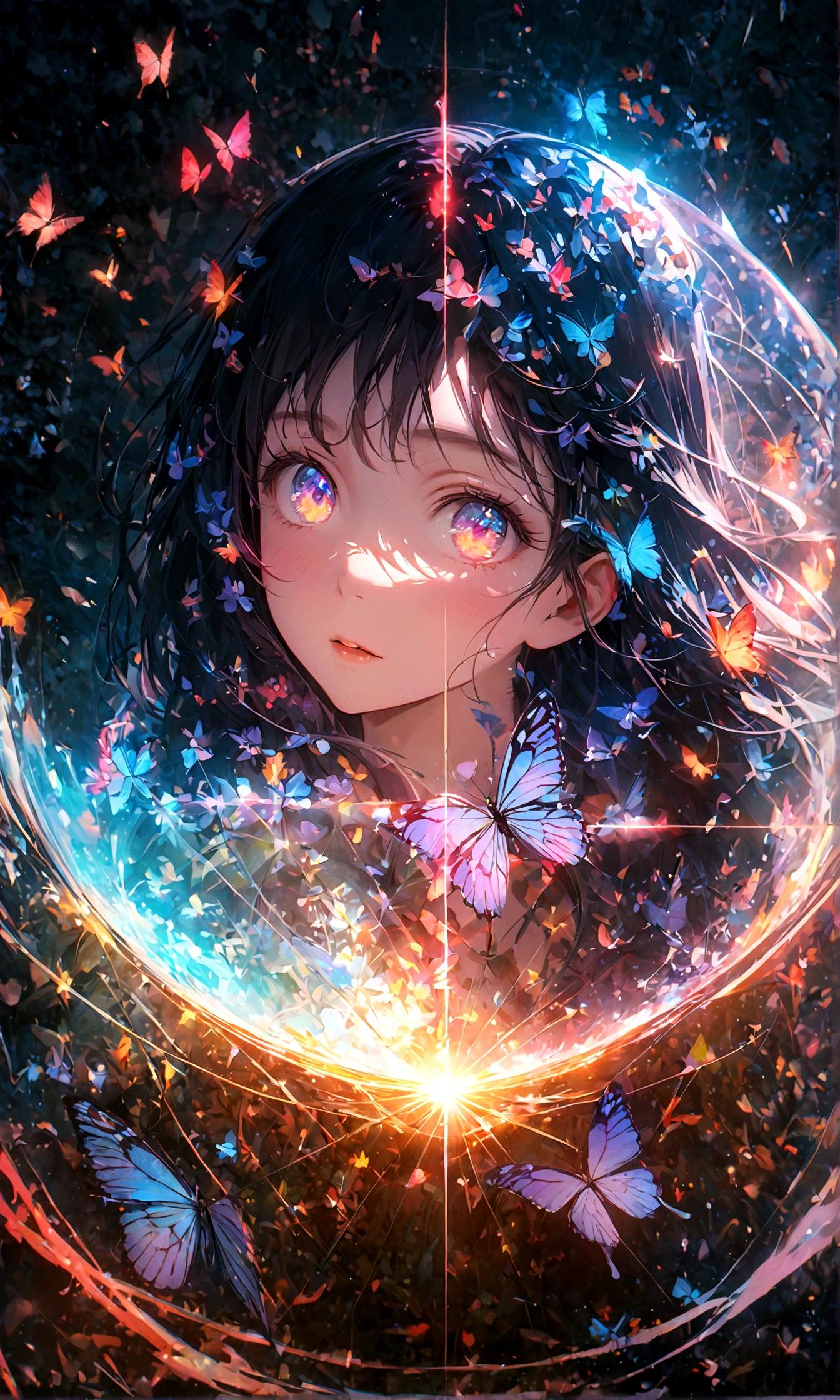 (woman\(student, 15 years old, JK, Long hair, Colorful eyes, Pale skin,) look up to the sky), (Many butterflies flying in the air), Beautiful sky, Summer,Colorful flowers blooming everywhere, Mysterious and dreamy ,Huge tree,quality\(8K,CG Wallpaper, masterpiece,High resolution,top-quality,Surrealism,Improve resolution,RAW photos,Best quality,Very detailed,light,Ray Tracing,Golden Ratio)