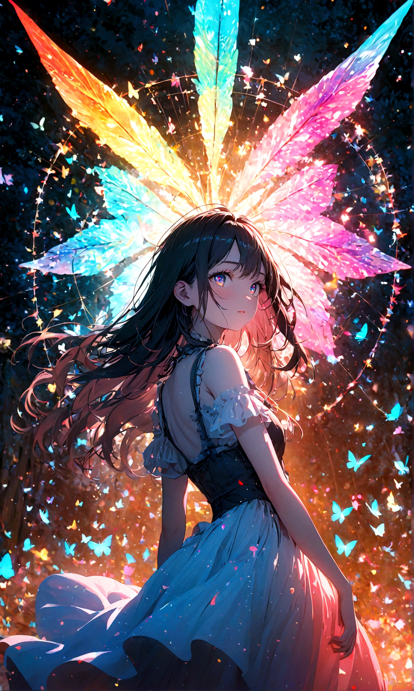 (woman\(student, , JK, Long hair, Colorful eyes, Pale skin，) look up to the sky), (Many butterflies flying in the air), Beautiful sky, Summer，Colorful flowers blooming everywhere, Mysterious and dreamy ,Huge tree，quality\(8K,CG Wallpaper, masterpiece,High resolution,top-quality,Surrealism,Improve resolution,RAW photos,Best quality,Very detailed,light,Ray Tracing,Golden Ratio)