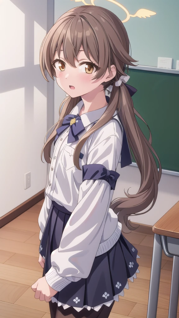 bluearchivehifumi, hifumi, brown hair, hair between eyes, hair bow, hair ribbon, halo, long hair, low twintails, sidelocks, twintails, wing hair ornament, (brown eyes:1.5), (flat chest:1.),
BREAK black pantyhose, black skirt, long sleeves, pantyhose, pleated skirt, ribbon, , serafuku, skirt,
BREAK looking at viewer,
BREAK indoors, classroom,
BREAK (masterpiece:1.2), best quality, high resolution, unity 8k wallpaper, (illustration:0.8), (beautiful detailed eyes:1.6), extremely detailed face, perfect lighting, extremely detailed CG, (perfect hands, perfect anatomy),