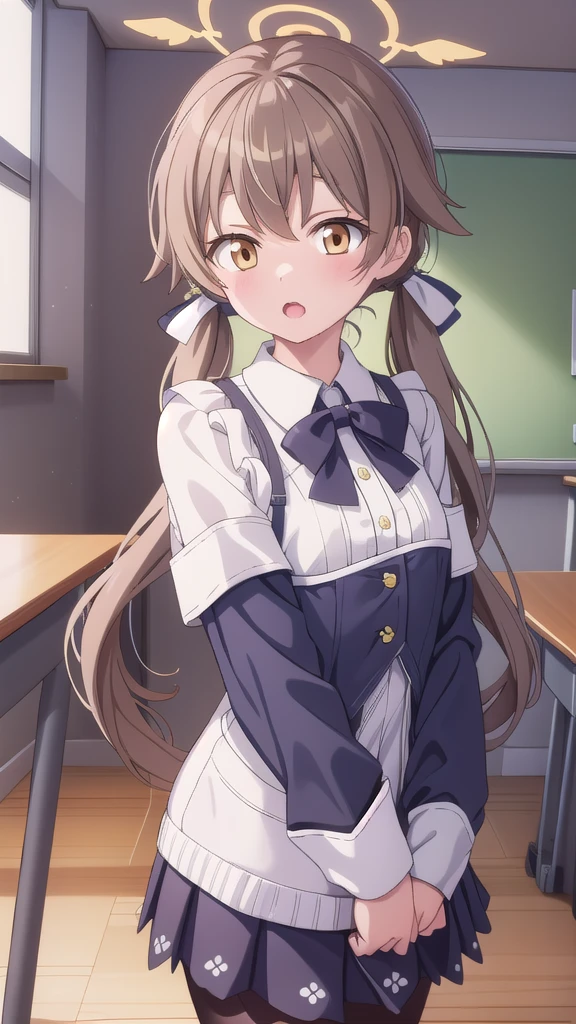 bluearchivehifumi, hifumi, brown hair, hair between eyes, hair bow, hair ribbon, halo, long hair, low twintails, sidelocks, twintails, wing hair ornament, (brown eyes:1.5), (flat chest:1.),
BREAK black pantyhose, black skirt, long sleeves, pantyhose, pleated skirt, ribbon, , serafuku, skirt,
BREAK looking at viewer, 
BREAK indoors, classroom,
BREAK (masterpiece:1.2), best quality, high resolution, unity 8k wallpaper, (illustration:0.8), (beautiful detailed eyes:1.6), extremely detailed face, perfect lighting, extremely detailed CG, (perfect hands, perfect anatomy),
