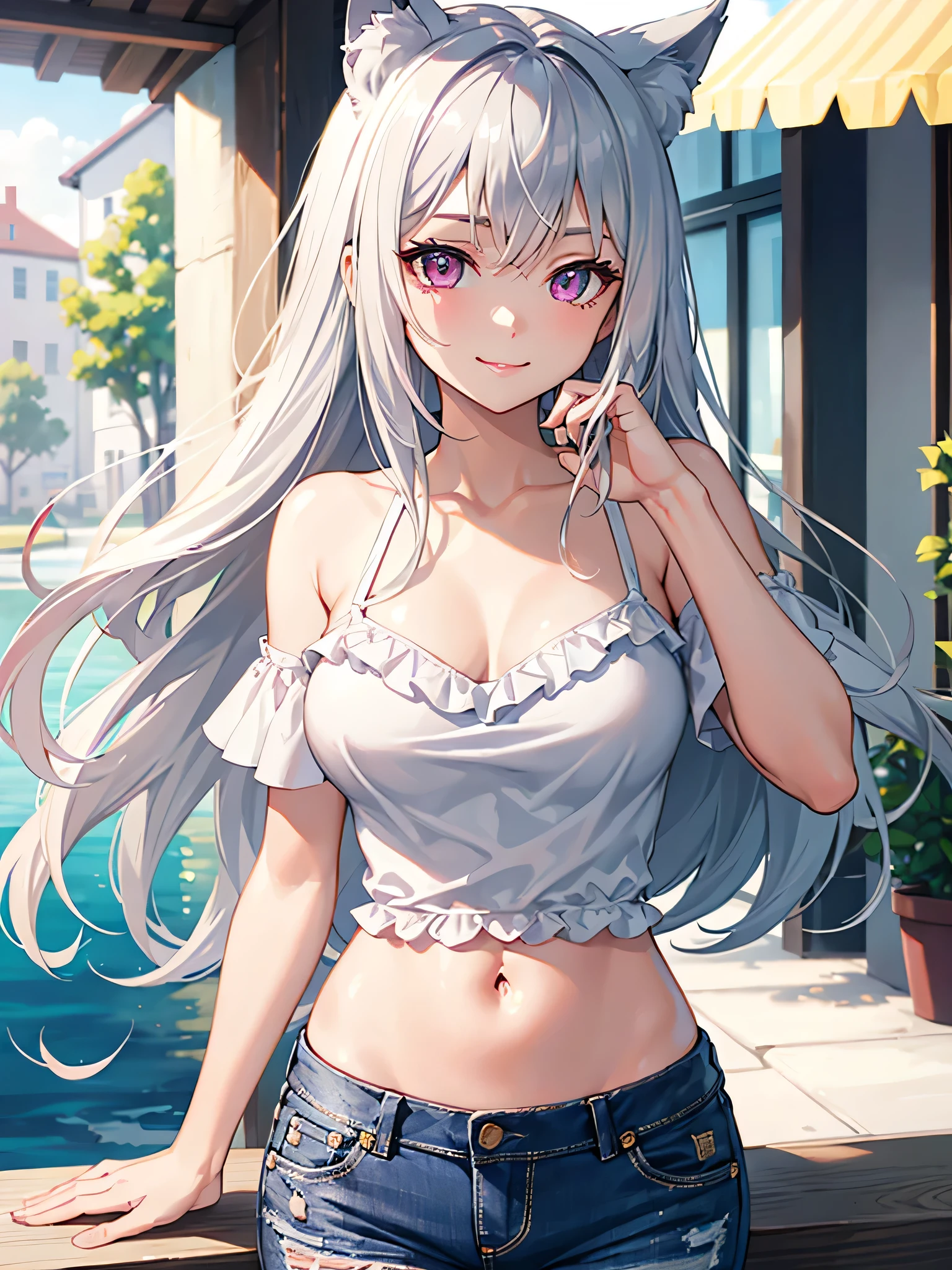 Highly detailed face,fine grain,Waterfront,Highlighted eyes, medium breasts ,pretty girl,smile,Cat ear,Beautiful silver hair,Pink inside,Beautiful pink eyes,shirt,distressed jeans, shiny skin, beautiful shadow