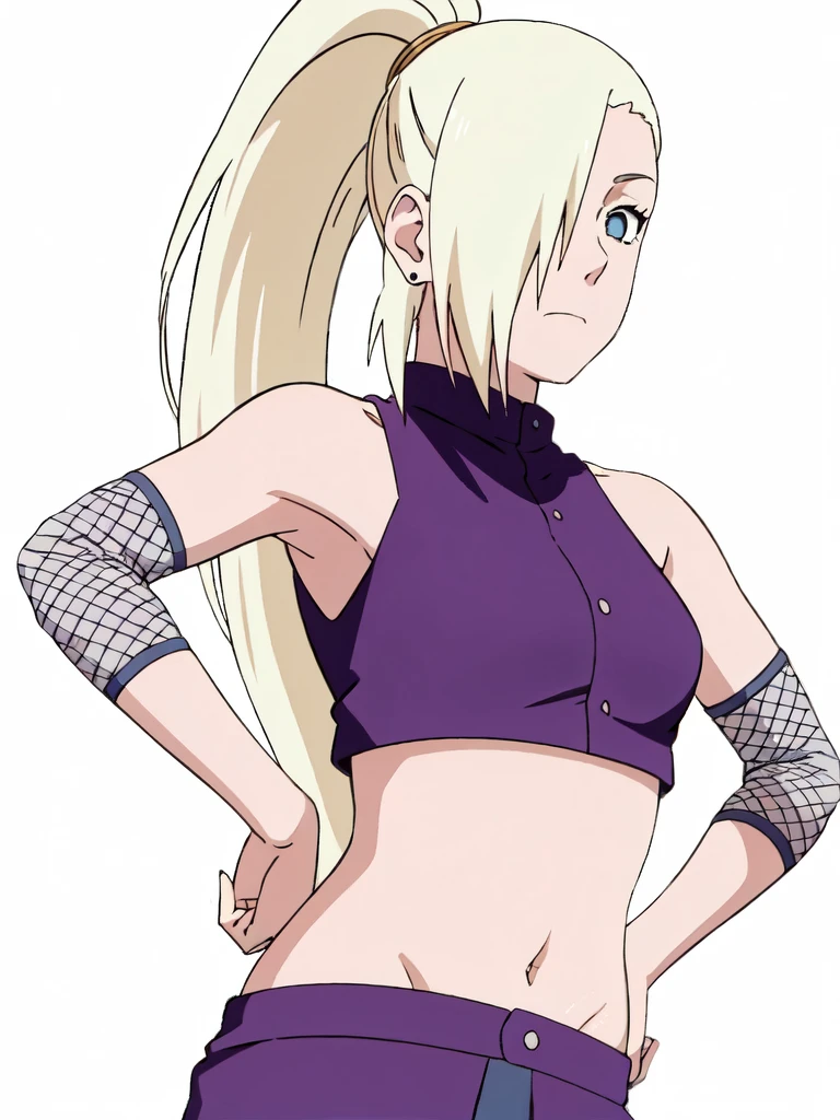 ino yamanaka, ino shippuden, armpits, hands on hips, posing, purple crop top, fishnets, bare shoulders, upper body, 1girl, solo, blue eyes, ponytail, hair over one eye, hairclip, earrings, looking at viewer, long hair, blonde hair, closed mouth, sleeveless shirt, ninja, midriff, navel, showing armpits, masterpiece, by masashi kishimoto, public background, konoha background