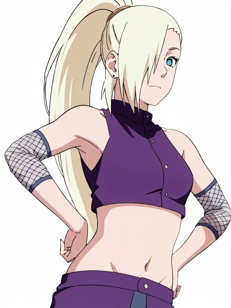 ino yamanaka, ino shippuden, armpits, hands on hips, posing, purple crop top, fishnets, bare shoulders, upper body, 1girl, solo, blue eyes, ponytail, hair over one eye, hairclip, earrings, looking at viewer, long hair, blonde hair, closed mouth, sleeveless shirt, ninja, midriff, navel, showing armpits, masterpiece, by masashi kishimoto, public background, konoha background