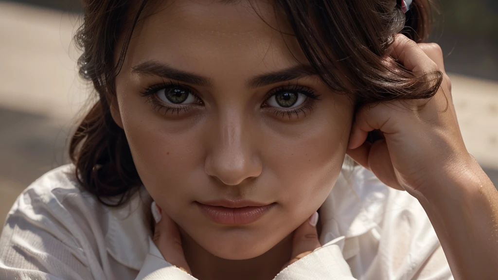 a beautiful woman praying on her knees and holding hands in prayer, dark background, close-up of a beautiful brunette woman wearing white shirt, dark brown eyes, black hair tied in a tight ponytail, beautiful detailed face, natural lighting, realistic , cinematic, beautiful