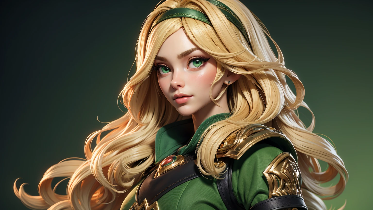 3dmm style,(masterpiece, top quality, best quality, official art, beautiful and aesthetic:1.2), (fractal art:1.3),Green clothing1girl, beautiful, high detailed, blonde hair, long hair, wavy hair, hairband, makeup, eyeshadow, mascara, lipstick, dark lighting, serious face,