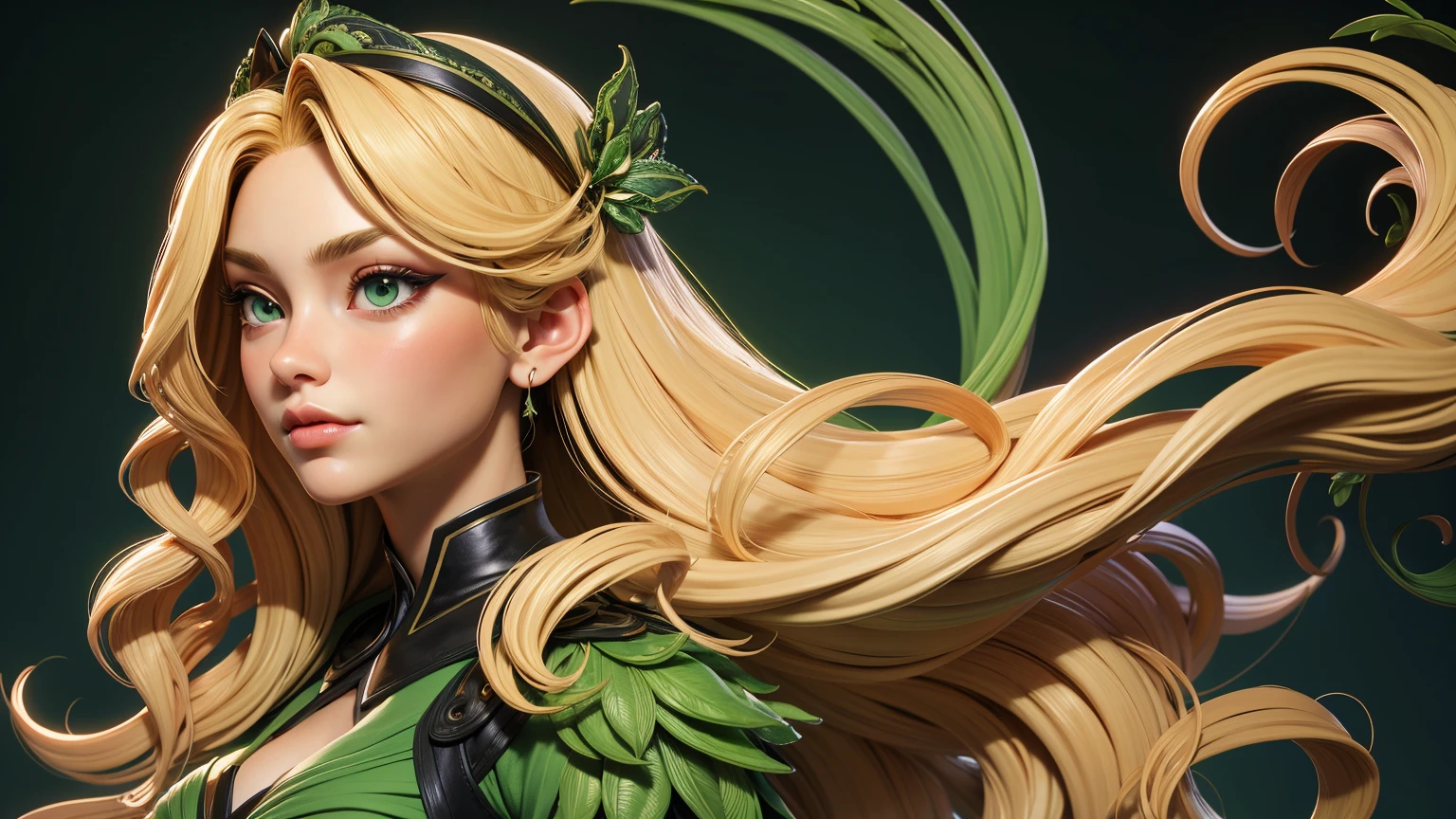 3dmm style,(masterpiece, top quality, best quality, official art, beautiful and aesthetic:1.2), (fractal art:1.3),Green clothing1girl, beautiful, high detailed, blonde hair, long hair, wavy hair, hairband, makeup, eyeshadow, mascara, lipstick, dark lighting, serious face,