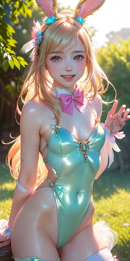 masterpiece, best quality, extremely detailed CG unity 8k wallpaper,((Upper Body)) ,((Upper Body head close-up shot of a beautiful  girl)), , Elegant Long straight blonde hair, (Mckenna Grace), ((flat chest,thighs,Autoluminescence skin)), (pink-green) golden (Glittering tutu,long Bunny Ear Headgear, , Bow-tie, No panties, genitals visible), ((spread legs)),(), (Blush), , (seductive smile), (outdoors), pretty face, key art, award winning, intricate detail realism hdr, by (ruan jia and artgerm and range murata), Photorealism, Hyperrealism, ultra realistic, dramatic light, intense shadows, gorgeous view, depth of field