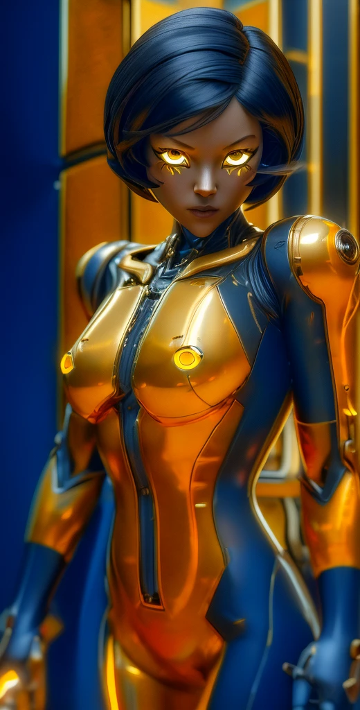 1 girl, solo, (look at viewer), ((Best quality)), ((masterpiece)), (detailed:1.4), ((upper body)), 3D, an image of a beautiful cyberpunk female,HDR (High Dynamic Range), Ray Tracing,NVIDIA RTX,Super-Resolution,Unreal 5,Subsurface scattering,PBR Texturing,Post-processing,Anisotropic Filtering,Depth-of-field,Maximum clarity and sharpness,Multi-layered textures,Albedo and Specular maps,Surface shading,Accurate simulation of light-material interaction,Perfect proportions,Octane Render,Two-tone lighting,Wide aperture,Low ISO,White balance,Rule of thirds,8K RAW, (((yellow eyes))), (((liquid metal black short hair))), AlexTS, (dark skin:1.2), yellow eyes, black hair, short hair, medium breasts, yellow bodysuit, belt, (( gold amor))