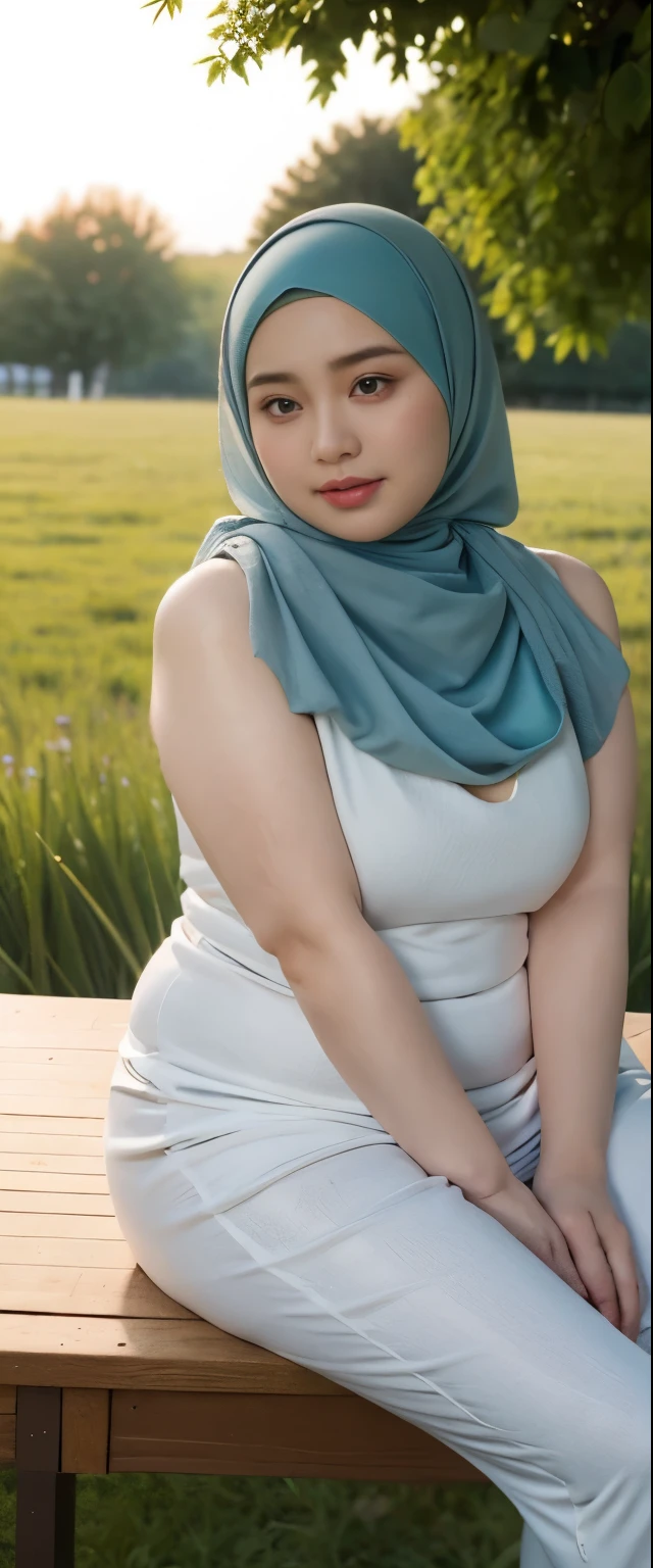 ( Close Up),RAW, Best quality, high resolution, works: 1.3), Beautiful Malay woman in hijab, Masterpiece, fit body, big breasts, beautiful big eyes, Soft smile, beautiful face, woman sitting at a table in a green meadow, traditional beauty, moment sunset, in the field, in the countryside, beautiful woman, with the sunset, wearing a soft long dress, muslim,, hijab, beautiful woman, with a beautiful appearance, a very beautiful masterpiece, a masterpiece of art, good lighting, Bright colors, Clean lines, chubby body, wide chubby hips, chubby arm, chubby massive thighs , massive cleavage , massive armpits , white armpits , armpit hair , extra-large cleavage, full body , milky white skin , open legs, armpit