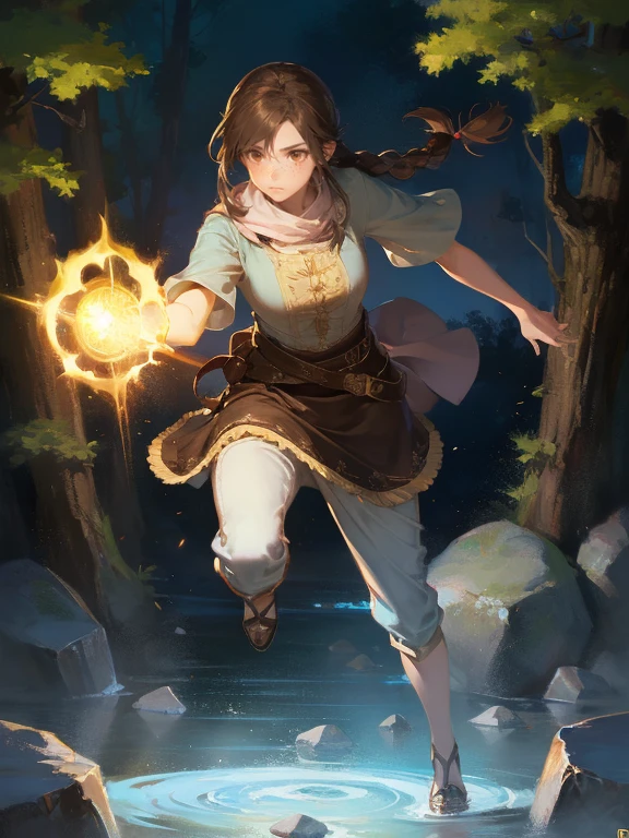 masterpiece, best quality, rpg character art, epic fantasy art style, 1 girl, Lily, girl running towards viewer, kid, seriouemeaner, dynamic pose, super powers, ready for battle, she has a white glow around her body, she's controlling floating rocks, moving floating rocks to attack, ready to attack, full body fantasy concept art, caramel brown hair in 2 long braids, brown eyes, freckles, high detail, fantasy medieval style clothes (light clothing, skirt with pants), modest but feminine, intricate details, ultra high resolution, sharp focus, HD, 8k, clear facial features, clear details, background is a forest, zoomed out view