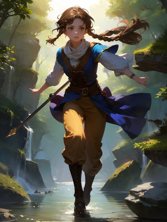 masterpiece, best quality, rpg character art, epic fantasy art style, 1 girl, Lily, girl running towards viewer, kid, seriouemeaner, dynamic pose, super powers, ready for battle, she has a white glow around her body, she's controlling floating rocks, moving floating rocks to attack, ready to attack, full body fantasy concept art, caramel brown hair in 2 long braids, brown eyes, freckles, high detail, fantasy medieval style clothes (light clothing, skirt with pants), modest but feminine, intricate details, ultra high resolution, sharp focus, HD, 8k, clear facial features, clear details, background is a forest, zoomed out view