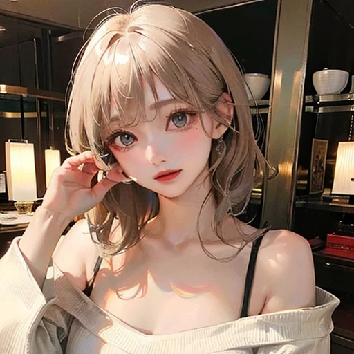 (highest resolution、clear_image)highest quality、woman、masterpiece、very detailed、semi-realistic、light cream hair、short hair、Long neckline、gray eyes、21 years old、shoulder length hair、mature、young、V-neck sweater、exquisite features、Asian Girl、Japanese