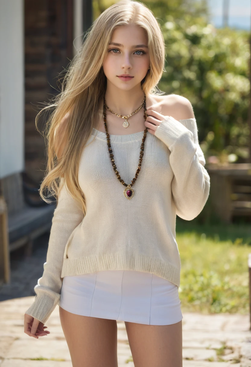 1girl in, age19, Solo, Long hair, Colossal , Looking at Viewer, blondehair, Bare shoulders, Brown eyes, jewely, Full body, a necklace, off shoulders, Sweaters, Realistic, A sexy