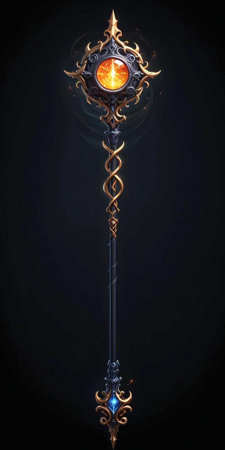 pixel art, cartoon illustration, Divine glavie greatstaff, Powerfull Magical theme, simple black background, RPG game icon