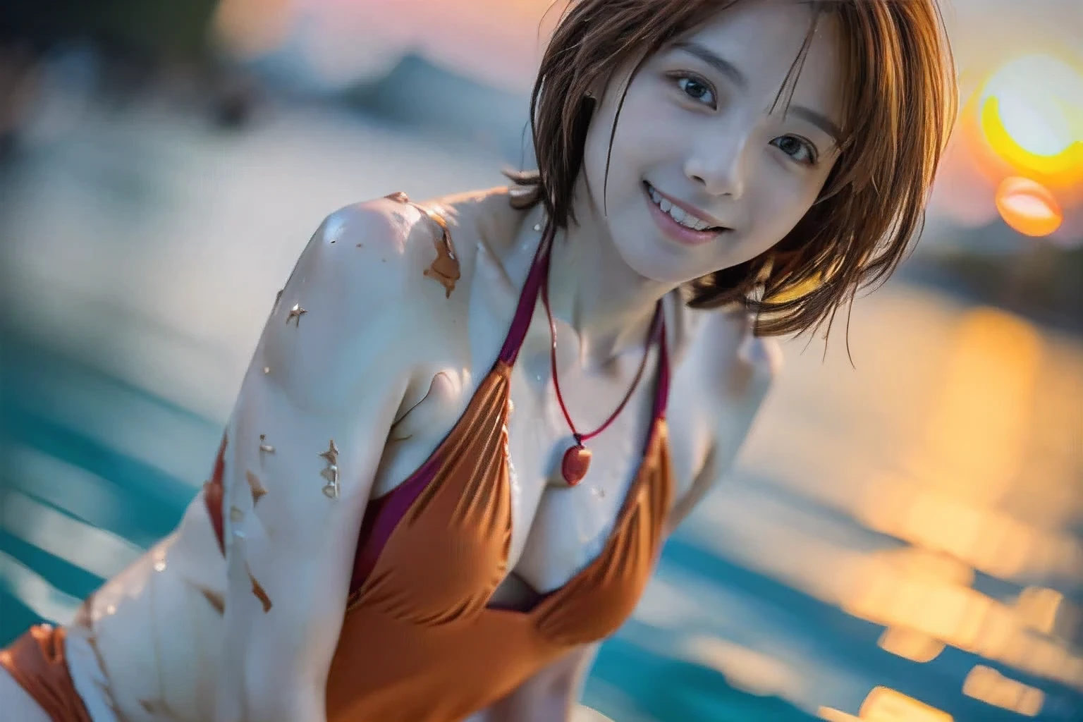 (Beautiful sunset、An 18-year-old woman swimming on the beach:1.5)、(Gentle smile:1.2)、(The best quality at its best:1.4), (Super detailed), (Very detailed CG unified 16k), Beautiful woman with perfect figure: 1.4, Sharp focus: 1.2, Very detailed, High-quality RAW color photos, Professional photography, Great face and eyes, cosmetics, (Amazingly beautiful girl), ((Sexy Swimwear:1.5)), Realistic movie faces, Full body long view from head to toe, Realistic, ((Realistic natural orange red hairstyle)), ( Short Bob Hair:1.5), (necklace:1.5)、, Very beautiful face, Perfect model beauty, Mouth swelling, Highly detailed face and skin texture, Fine grain, double eyelid, Medium chest, smile, (masterpiece), highest quality, High resolution, Very detailed, Blurred Background, Depth of written boundary, Cinema Lighting, Great legs, , Clear, well-maintained skin,((Full body shot from head to toe:1.5))