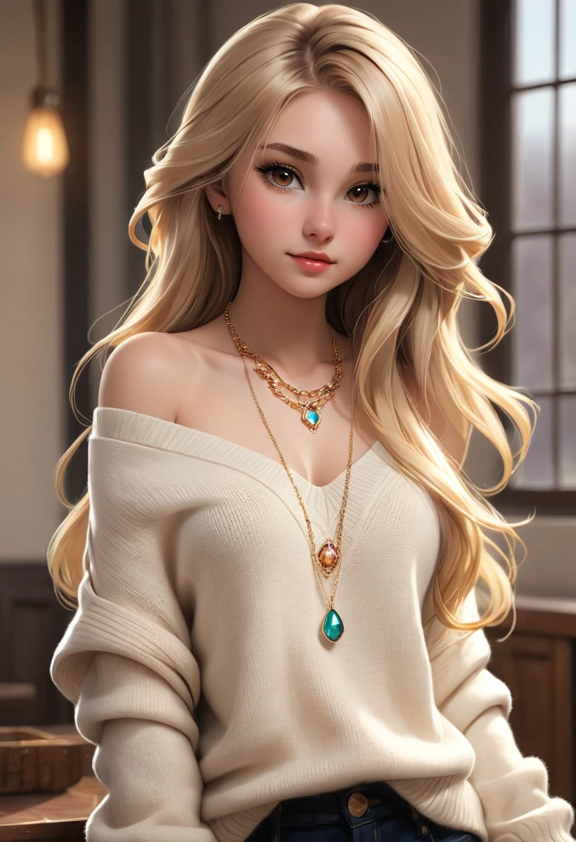 1girl in, age19, Solo, Long hair, Colossal , Looking at Viewer, blondehair, Bare shoulders, Brown eyes, jewely, Full body, a necklace, off shoulders, Sweaters, Realistic, A sexy