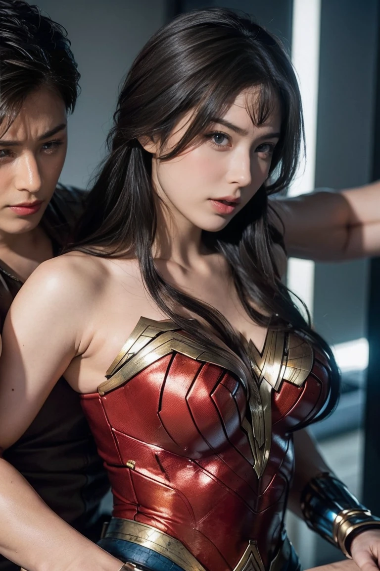 私はWonder Womanです、完璧なWonder Womanの衣装,押しdefeat,defeat,A man straddles me,Grabbed by the face、Hug from the front,I was hugged,be strangled to death,You can have it.,Men lick my face with their tongues,The guys lick my head with their tongues,Men lick my hair with their tongues,My body is licked by men,sleeping face,close ~ eye,Open your mouth,Tired face,Face of Suffering,Being slapped in the face,Getting punched in the face,Fighting with men,Fight with the men,Surrounded by men,,Caught between men,Being held back by men,Entanglement with males, Being attacked by a man,Brown Hair,  masterpiece、beautiful girl、fine eye、puffy eye、highest quality, 超High resolution, (reality: 1.4), Cinema Lighting,so beautiful、Beautiful Skin、(超reality的な)、(High resolution)、(8k)、(Very detailed)、(美しくて立派なeye)、(Very detailed)、 Detailed face、Diagonal bangle hair、Brown Hair、20-year-old、Wonder Womanのコスプレ，Wonder Woman