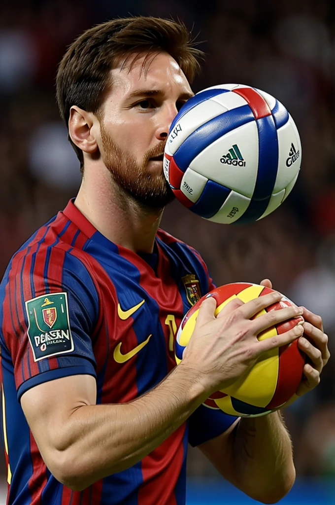 Messi with the Portugal shirt kissing a volleyball ball