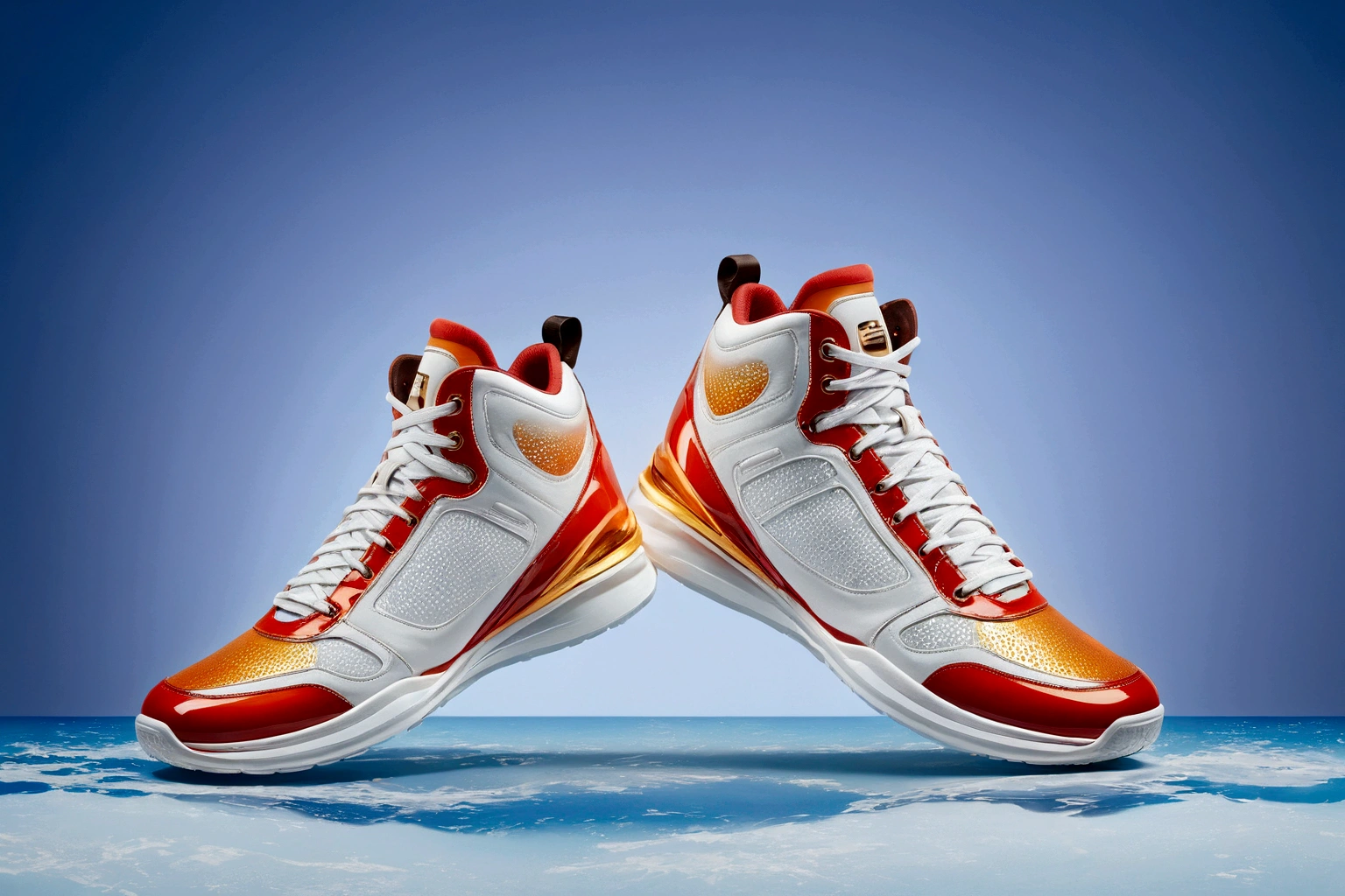 A pair of sneakers，Clean background，Orange-red gradient background color，Only shoes appear，The shoes are black and red，The shoes must be seen all over the body，Shoes are shiny，Fine details，HD resolution，Best picture quality，Higher quality，High Detail，Ultra-high resolution，8K resolution，masterpiece