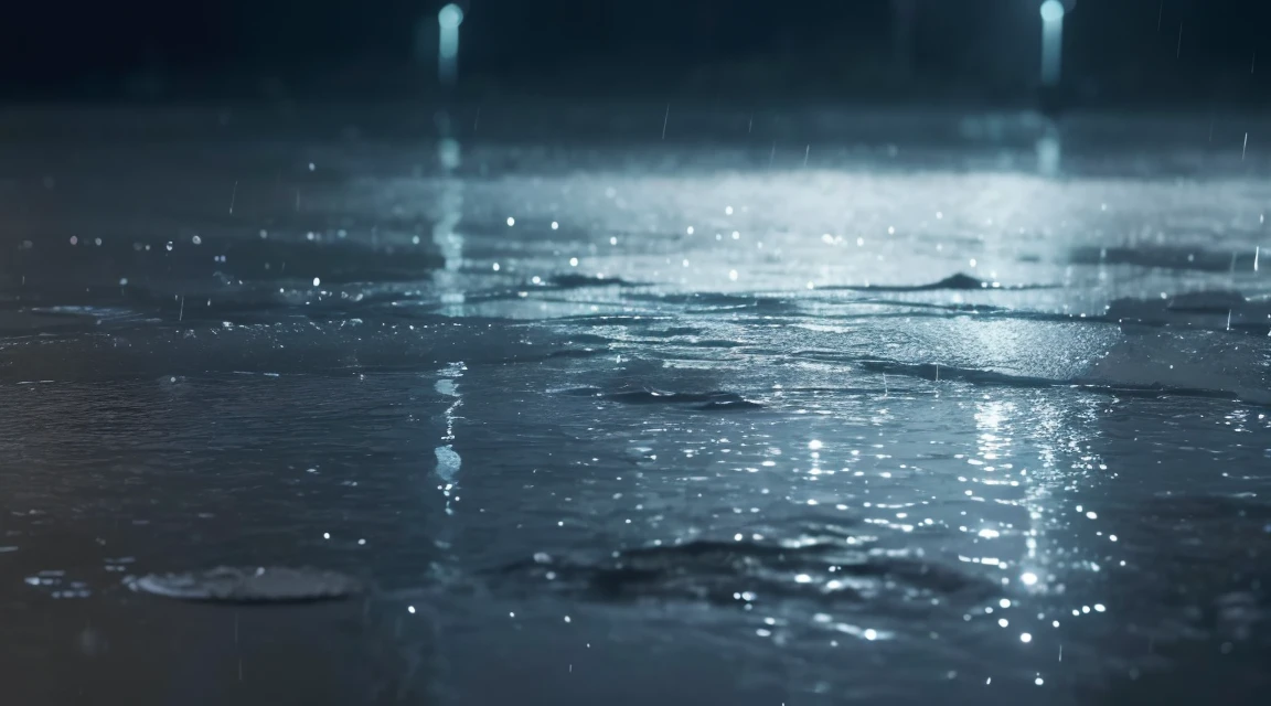 A lot of rain is falling on the mirror-like surface of the water, and it keeps raining all the time, (Photographic, Best Quality, High Quality, Highres:1.4), Detailed, Extremely Detailed, Ambient Soft Lighting, 4K, Background, Depth of Field,