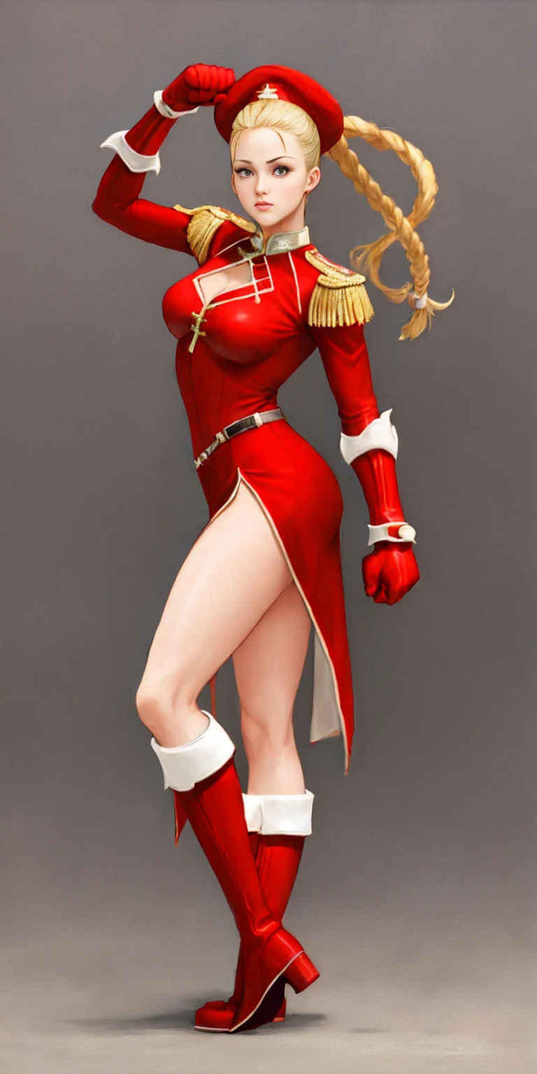 full body toe to head, red military boots and red gloves gauntlets Cammy White from Street Fighter paw pose plain background