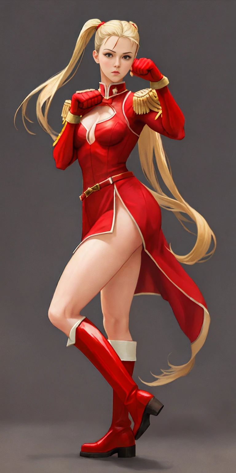 full body toe to head, red military boots and red gloves gauntlets Cammy White from Street Fighter paw pose plain background