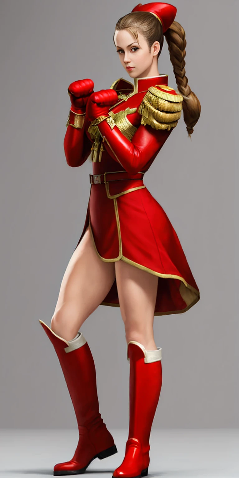 full body toe to head, red military boots and red gloves gauntlets Cammy White from Street Fighter paw pose plain background