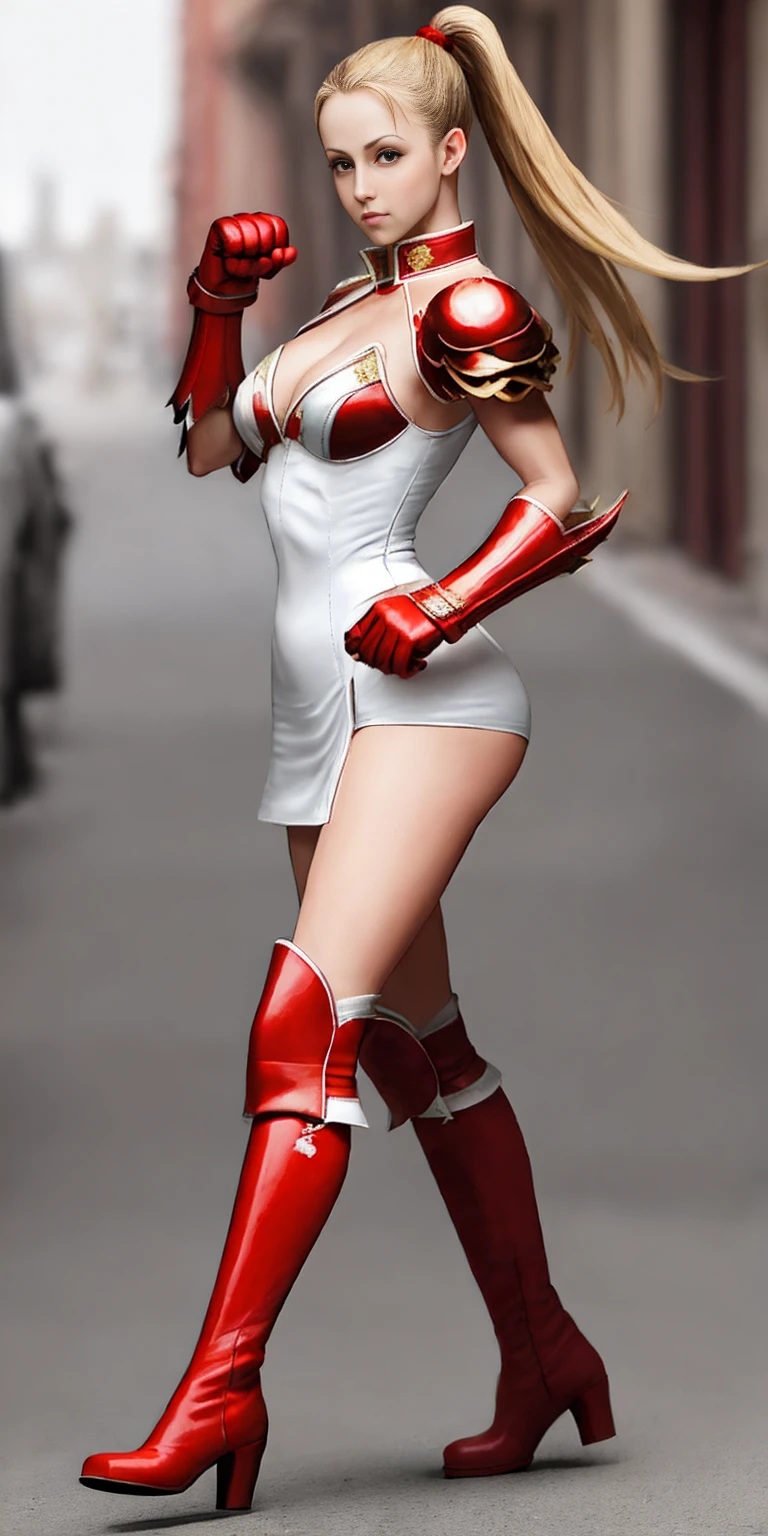 full body toe to head, red military boots and red gloves gauntlets Cammy White from Street Fighter paw pose plain background