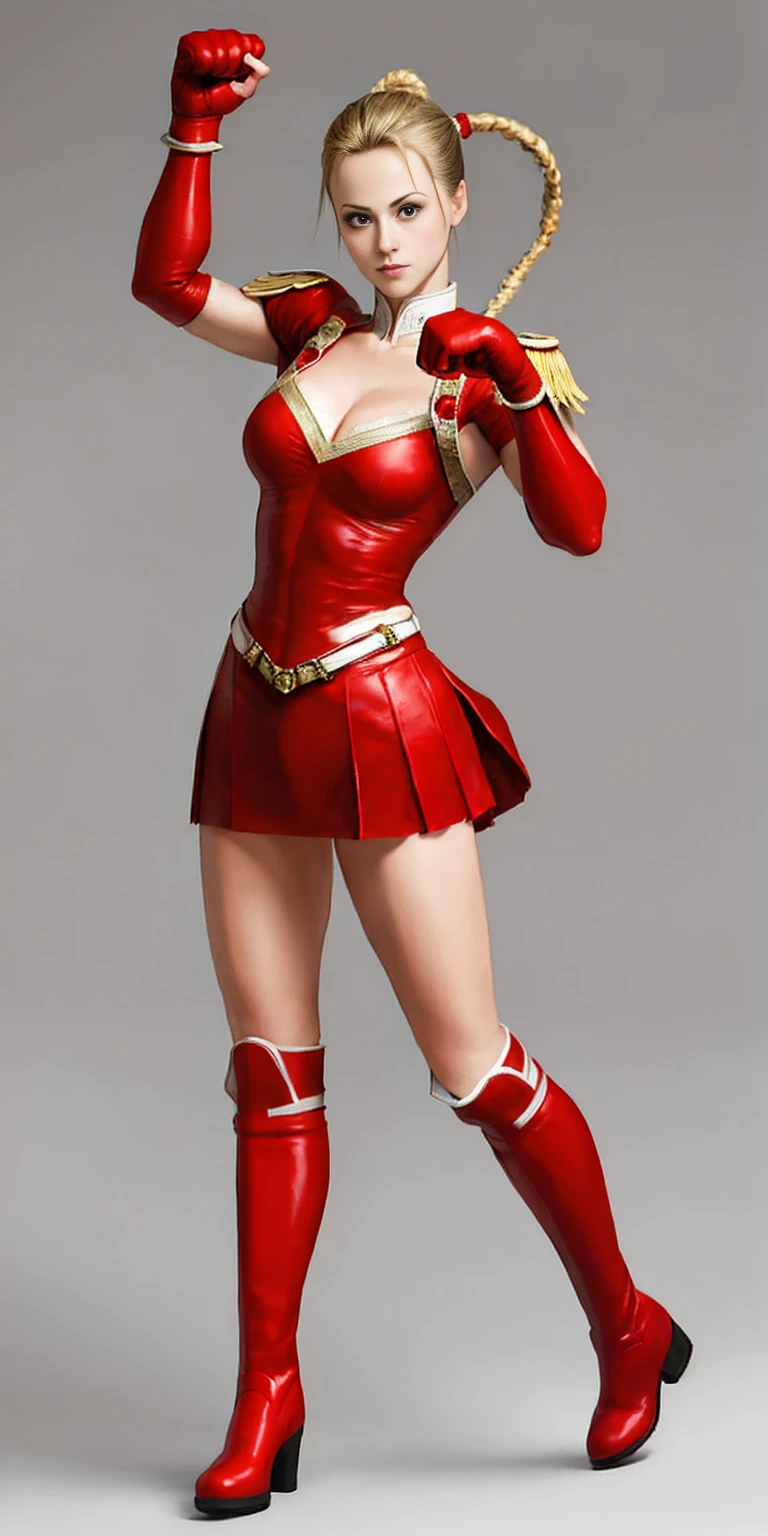 full body toe to head, red military boots and red gloves gauntlets Cammy White from Street Fighter paw pose plain background