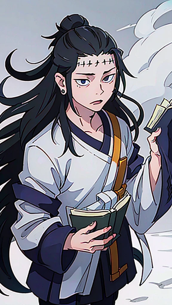 Suguru Geto with stitches on his forehead, reading, Straight face, Robe