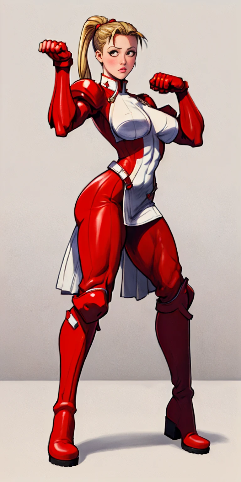 full body toe to head, red military boots and red gloves gauntlets Cammy White from Street Fighter paw pose plain background