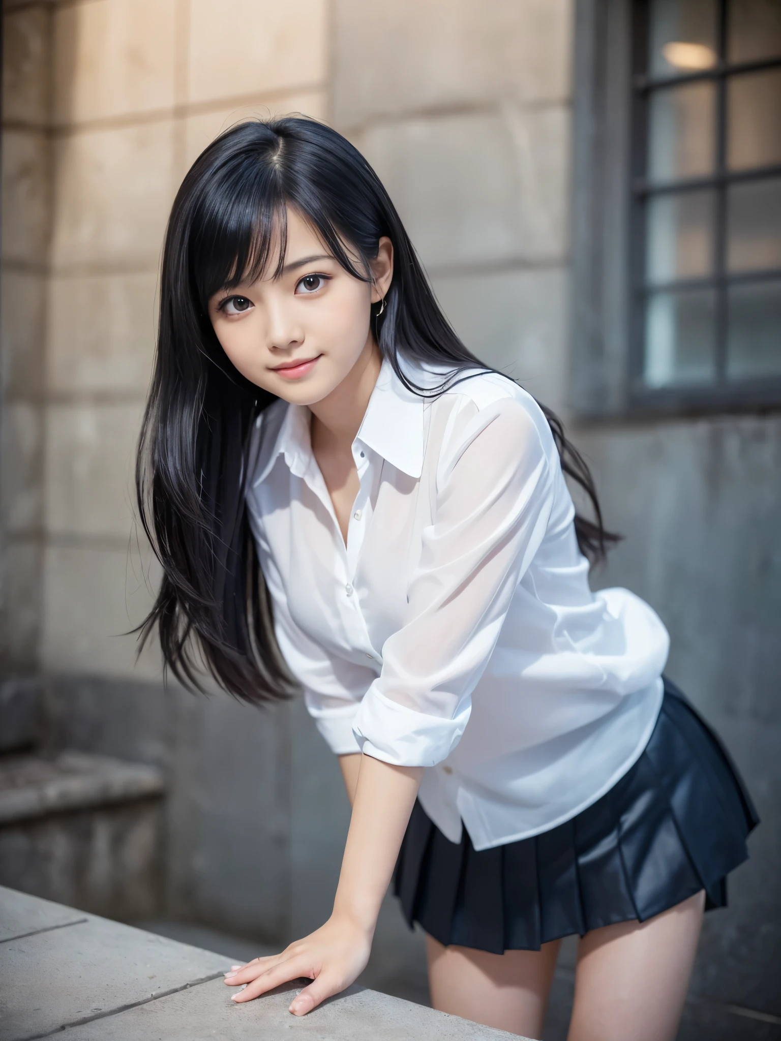 (Best-quality, Masterpiece, Ultra-High-Resolution, (Photorealistic:1.4), Raw Photo, depth of field, professional lighting, perfect anatomy, extremely details), 1girl, 15-years-old, the most famous Japanese idol, (wearing white blouse and navy-blue pleated-long-skirt), ((leaning forward):1.5), ((upturned ass)), innocent smile, (extremely cute face, ((extremely cute and extremely big black-realistic-eyes)), extremely cute black-hair), (((extremely beautiful and extremely realistic skins)))