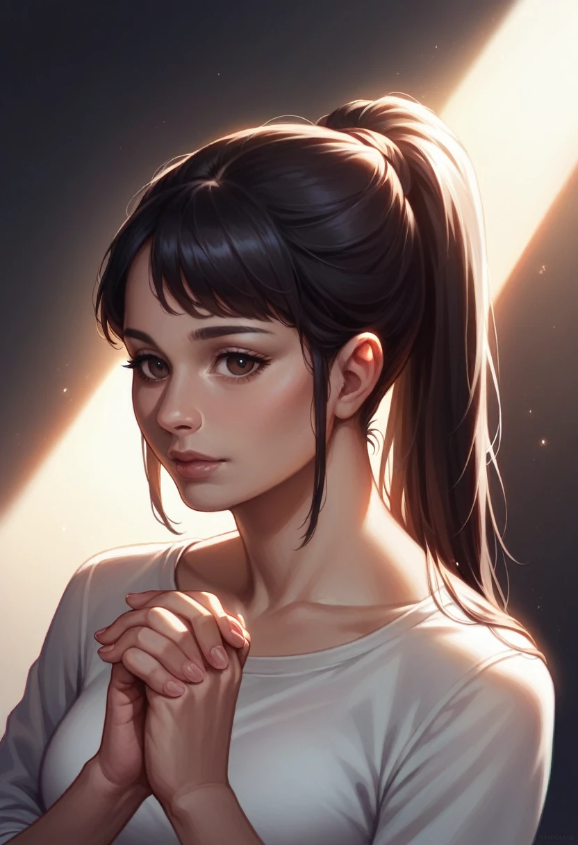 a beautiful woman praying on her knees and holding hands in prayer, dark background, close-up of a beautiful brunette woman wearing white shirt, dark brown eyes, black hair tied in a tight ponytail, beautiful detailed face, natural lighting, realistic , cinematic, beautiful