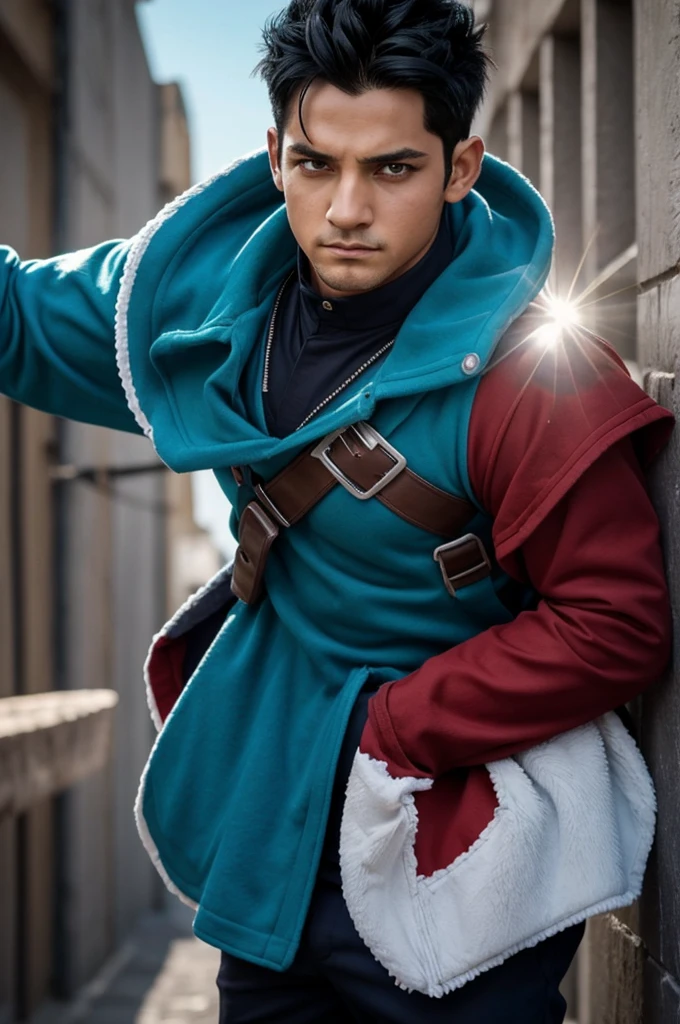Personaje de my hero academia, un chico con cabello azul semi largo (hasta los hombros) ojos celeste, piel palida, tiene una cicatriz en el rostro (en el labio) su cuerpo esta lleno de distintos tajuajes satanicos, lleva puesto el uniforme de la UA, tiene orejas y cola de zorro que son parte de el y su expresion en seria y fria.