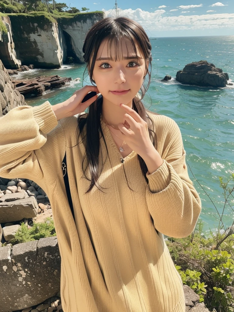 rie,One Woman,(best quality), (ultra detailed), (absolutely resolution),Face is front, 20-year-old, bohemian dress, The color of the clothes is mustard, The clothes have animal print patterns., Black Hair, (Angry:1.6), On top of a cliff with a pleasant sea breeze