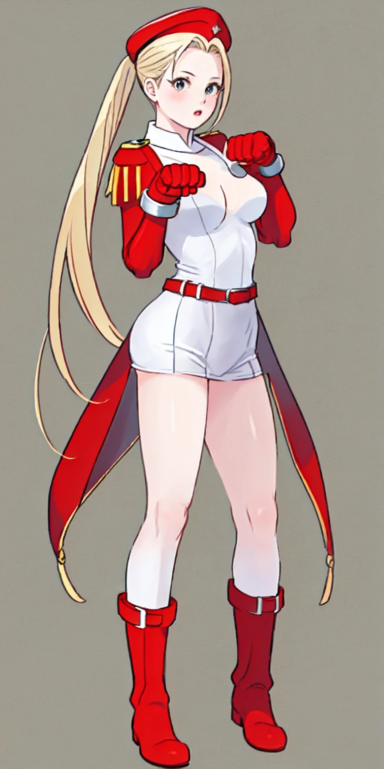 full body toe to head, red military boots and red gloves gauntlets Cammy White from Street Fighter paw pose plain background