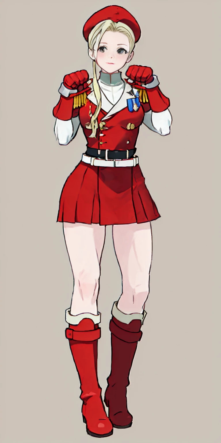 full body toe to head, red military boots and red gloves gauntlets Cammy White from Street Fighter paw pose plain background