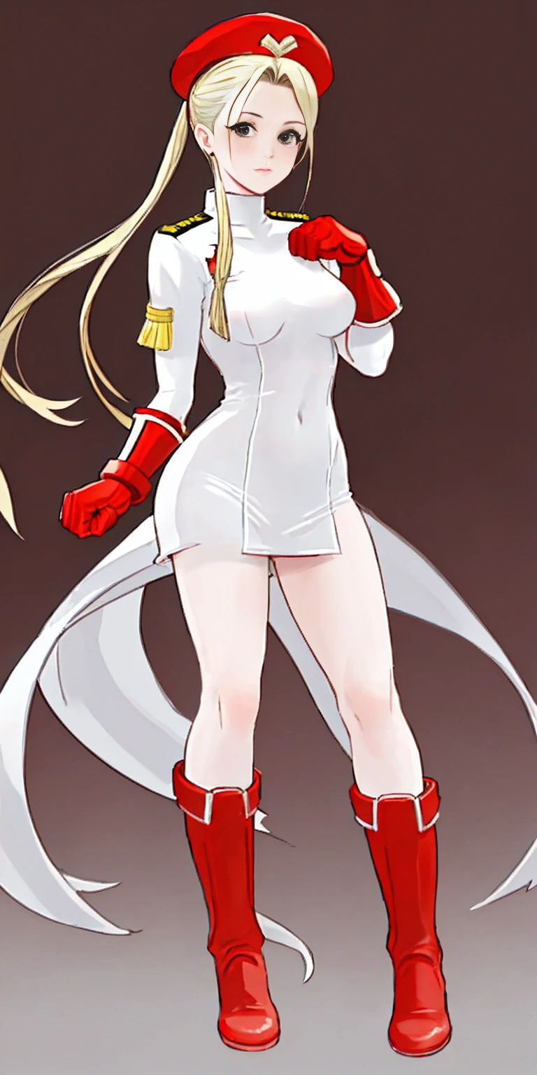 full body toe to head, red military boots and red gloves gauntlets Cammy White from Street Fighter paw pose plain background