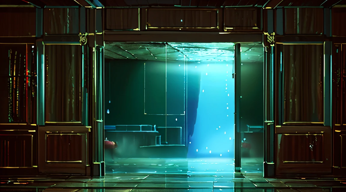 A lot of rain is falling on the mirror-like surface of the water, and it keeps raining all the time, (Photographic, Best Quality, High Quality, Highres:1.4), Detailed, Extremely Detailed, Ambient Soft Lighting, 4K, Background, Depth of Field,