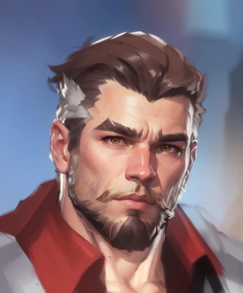 a close up of a man with a beard and a red shirt, character art portrait, character portrait closeup, closeup character portrait, detailed character portrait, painted character portrait, unreal 5. rpg portrait, stylized portrait, cinematic bust portrait, character portrait art, hyper detail portrait, character headshot portrait, character concept art portrait, character - portrait, high quality portrait
