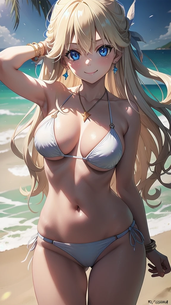 masterpiece, best quality, 1 solo girl, light blonde hair, blue eyes, long hair, medium breasts, sexy body and face, wavy hair, smile, white bikini, pendant, bracelet, jewelry, earrings, feather hair ornament, ball, lying at the sand, summer, sexy pose, cowboy shots, detailed body, face, and eyes, sharp focus, vibrant, creative, dynamic, high definition, high resolution, 8k, (Upscale: R-ESRGAN 4x+ Anime6mage enchance:4x), voluptuous body, cinema lightning, dakimakura style, looking at the viewer,