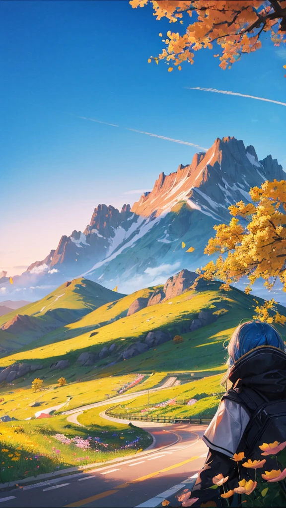 (best quality:1.4),(Best results:1.4),(Ultra-clear picture quality:1.4),(Ultra-sharp details:1.2),Summer solstice poster,summer,highway,Sunlight,Bright,hillside,Flowers,Distant Mountains,Skyline,Blue sky