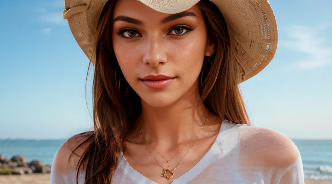 1girl, beautiful, smirk, wearing a hat, earrings, red sweatshirt, red_legwear, long hair, brown hair, mascara, earrings, (realistic:1.5), beach, brown eyes, slim body, perfect body, professional lighting, vibrant