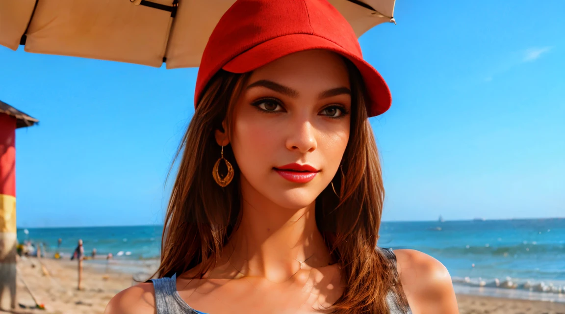 1girl, beautiful, smirk, wearing a hat, earrings, red sweatshirt, red_legwear, long hair, brown hair, mascara, earrings, (realistic:1.5), beach, brown eyes, slim body, perfect body, professional lighting, vibrant 