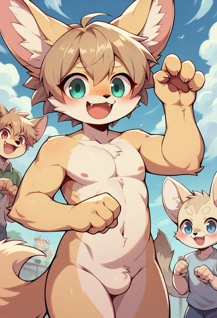 (Has light brown hair and yellow fur、A furry little human fennec fox boy), ,Stay nakedpy, blush, whole body, paw pose,2,2 people,,Lori,Shota