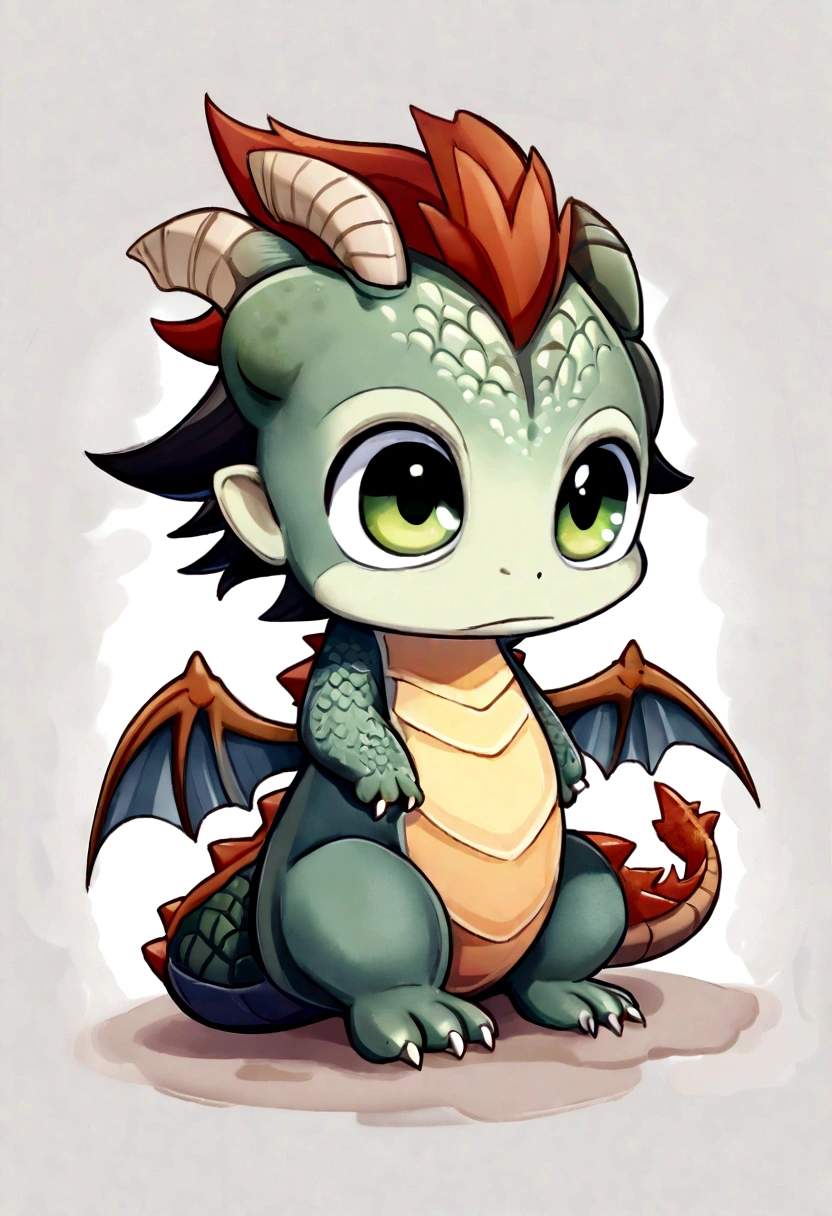 (cute little british dragon:1.5),character design, label design, (dibujos animados:1.3),(chibi:1.2),(estilo pixar:1.2),(cute expression:1.1),(ojos grandes:1.1),(Acuarela:1.1),(separado del fondo blanco:1.1) black hair combed back