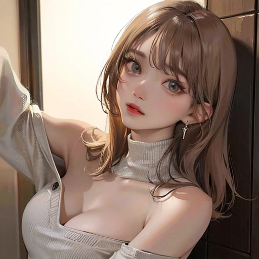 (highest resolution、clear_image)highest quality、woman、masterpiece、very detailed、semi-realistic、light cream hair、short hair、Long neckline、gray eyes、21 years old、shoulder length hair、mature、young、V-neck sweater、exquisite features、Cowboy Shot、Brown Eyes、Waist up shot
