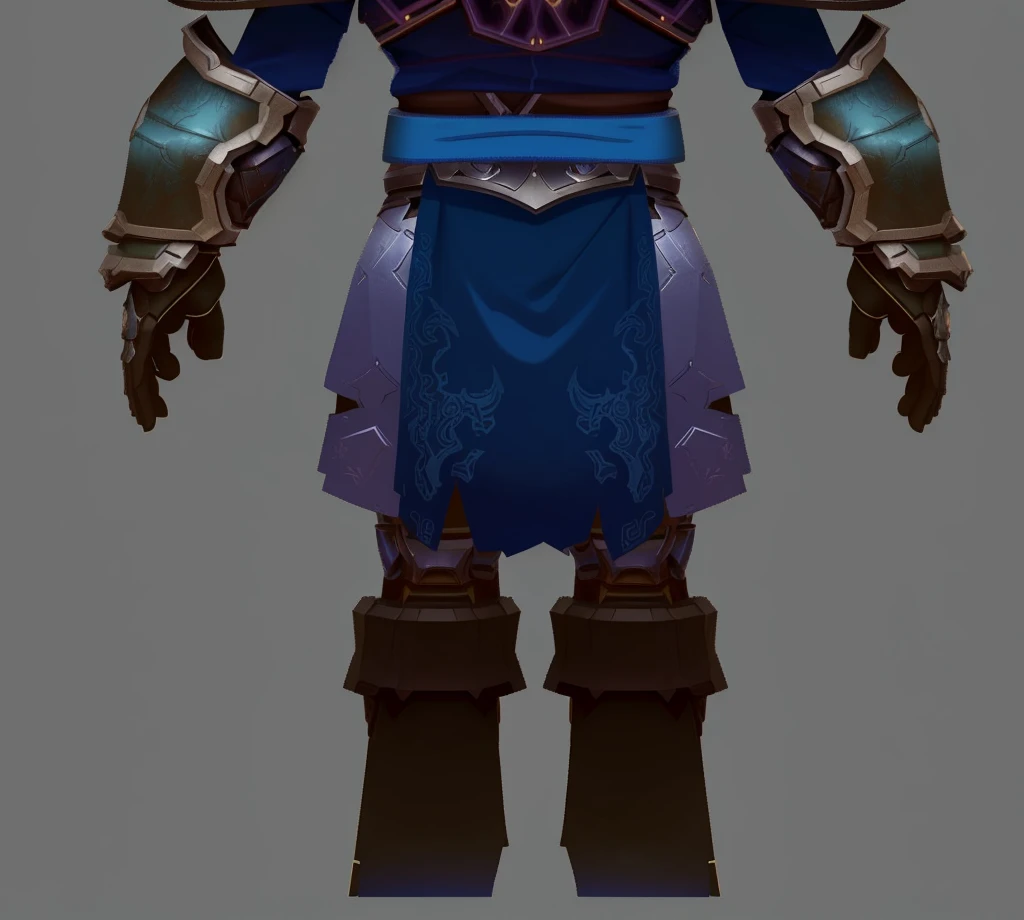 Close-up of the back of a person wearing blue and brown clothing, a human Male Paladin, dark blue segmented armor, cloud mage robes, epic paladin armor, Male Paladin, kiranyana style, cotton cloud mage robes, Paladin armor back, World of Warcraft Armor, Dark blue leather armor, warcraft character, Wearing sculpted armor,3D Character Art,Ashe,2。5 D CGI Anime Fantasy Artwork,CGScosiety,Close-up characters,As seen on the Art Station