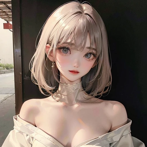 (highest resolution、clear_image)highest quality、woman、masterpiece、very detailed、semi-realistic、light cream hair、short hair、Long neckline、gray eyes、21 years old、shoulder length hair、mature、young、V-neck sweater、exquisite features、Asian Girl、Japanese、Dark Eyes、Waist up shot